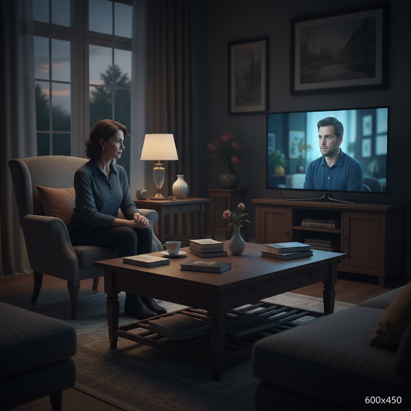 Une psychologue ressent de la solitude dans son couple de longue date, illustrée par une distance physique et émotionnelle dans un salon le soir.