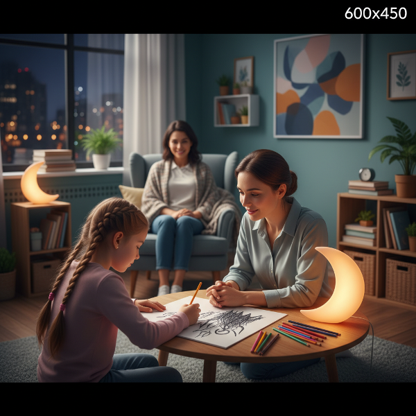 Une psychologue à l'écoute aide une jeune fille à exprimer ses cauchemars par le dessin dans une chambre apaisante, la nuit.