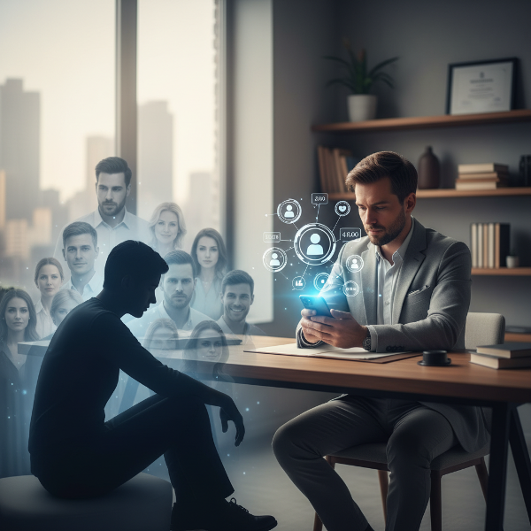 Un psychologue moderne observe des connexions sociales superficielles sur son téléphone, tandis que son vrai moi solitaire est visible en transparence, entouré de visages flous.