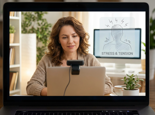 Une psychologue calme et empathique écoute lors d'une consultation en ligne, avec une représentation symbolique du stress du patient en arrière-plan.