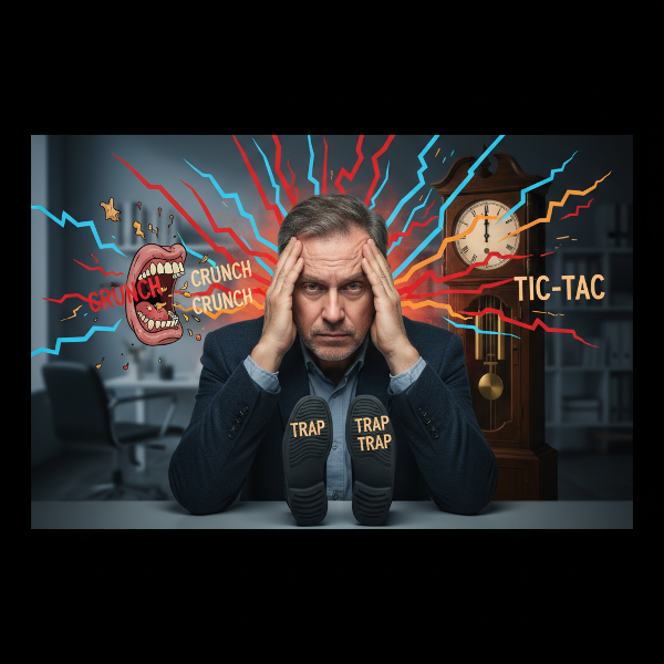 Un homme stressé submergé par des bruits quotidiens amplifiés, symbolisant l'irritabilité et l'hypersensibilité auditive.