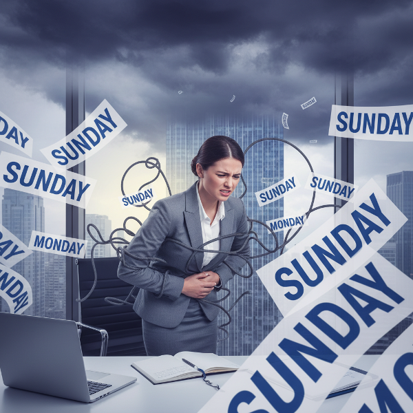 Une jeune femme ressent des douleurs abdominales dans un bureau moderne, avec des éléments visuels évoquant le stress professionnel et la temporalité des symptômes (dimanche/lundi).