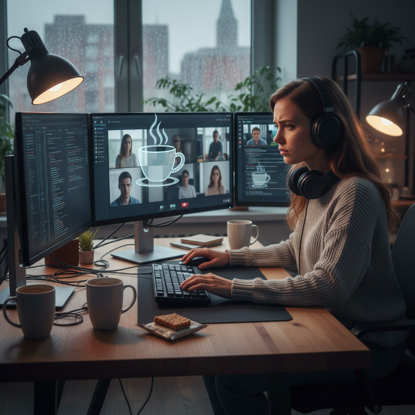 Une développeuse en télétravail, entourée d'écrans montrant des connexions froides, contemple sa solitude dans un appartement moderne, avec des symboles de communication virtuelle.