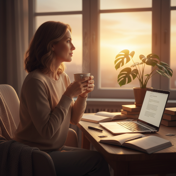 Une femme réservée dans la quarantaine, dans un intérieur doux, contemplant une aube naissante, entourée d'éléments évoquant une reconstruction progressive et paisible.