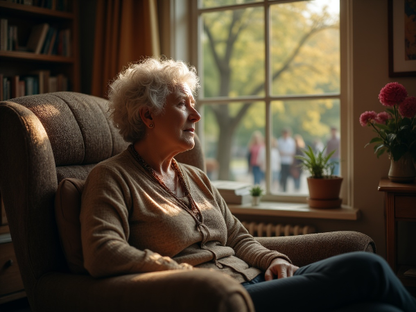 Une psychologue retraitée chez elle, contemplant avec appréhension le monde extérieur depuis sa fenêtre, entourée d'une lumière douce qui évoque ses ressources intérieures.