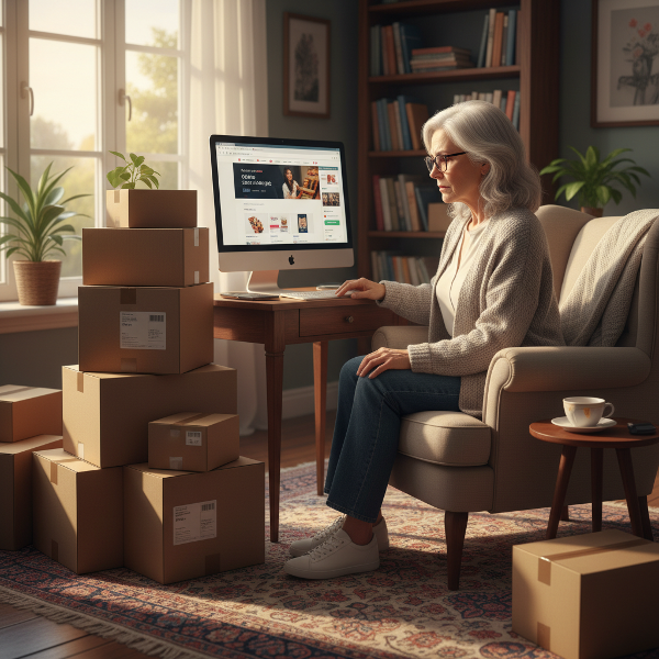 Une femme d'âge mûr confrontée à la solitude et aux achats compulsifs en ligne dans son salon, illustrant le vide post-retraite.