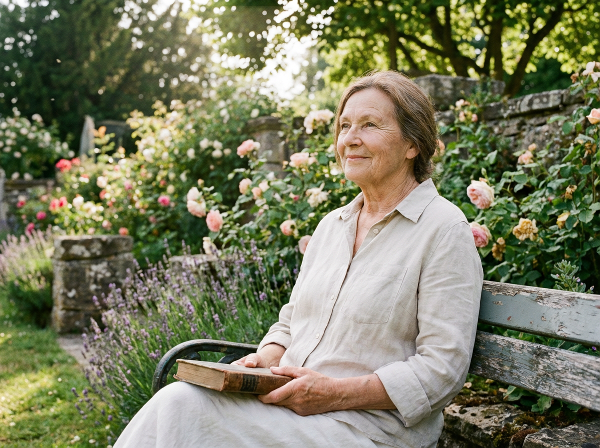 Une femme âgée et sereine dans un jardin, illustrant le calme retrouvé après une période d'anxiété.