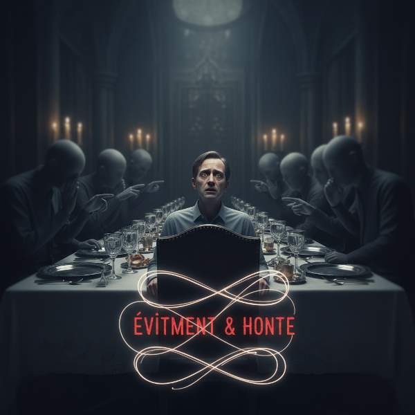 Illustration symbolique du cycle d'anxiété sociale liée aux repas, montrant l'isolement et la détresse intérieure.