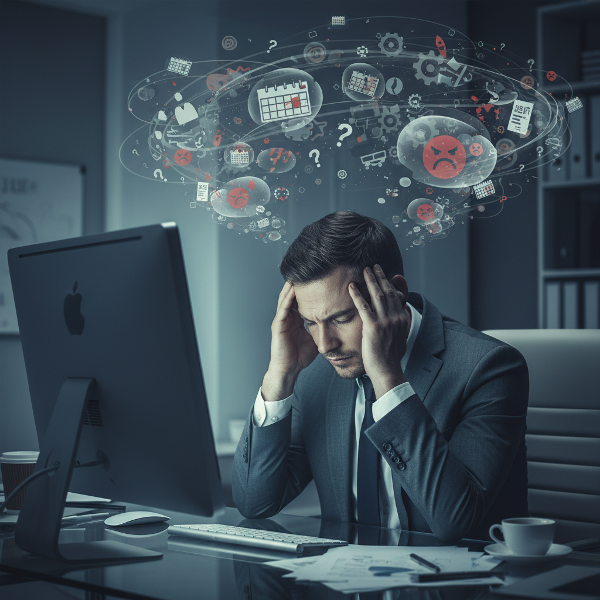 Illustration d'un professionnel masculin en costume, visiblement épuisé et anxieux à son poste de travail, entouré de symboles de pensées intrusives et de stress.