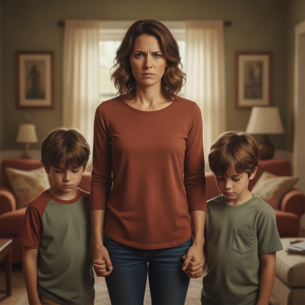 Une mère tendue mais aimante avec ses deux jeunes garçons, dans une lumière douce, symbolisant le stress financier et la culpabilité.