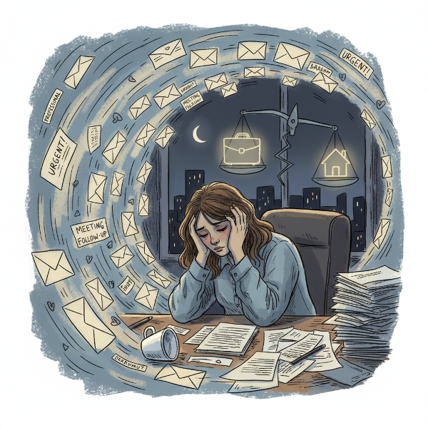 Une femme épuisée à son bureau sous des lumières tamisées, submergée par des messages sur son écran et une montagne de dossiers, symbolisant le stress professionnel intense.