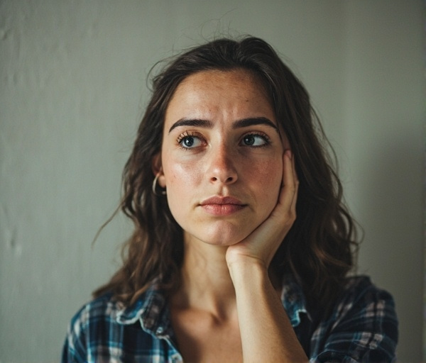 Une jeune femme assise entre des livres et un ordinateur, l'air fatigué mais réfléchi, symbolisant la recherche d'équilibre entre études, stage et bien-être mental.