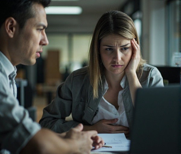 Une femme au travail se tient l'estomac, le front douloureux, face à un supérieur sévère, exprimant une détresse silencieuse liée au stress professionnel.