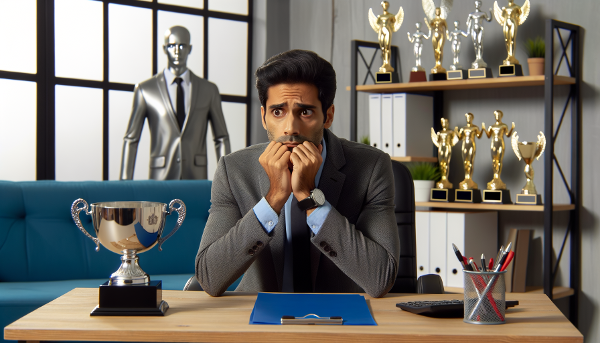Un homme d'affaires dans son bureau, entouré de symboles de réussite mais affichant une expression d'anxiété et de doute intérieur.