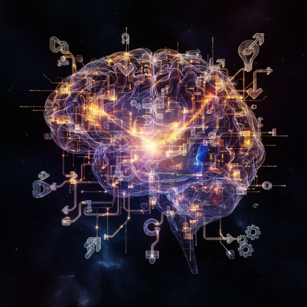 Une illustration abstraite et lumineuse montrant l'entrelacement de symboles, d'émotions et de chemins pour représenter les mécanismes créatifs de l'esprit.