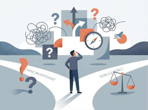 Illustration abstraite représentant un processus décisionnel, avec des chemins qui se divisent et des symboles flottants évoquant le doute et les possibilités.