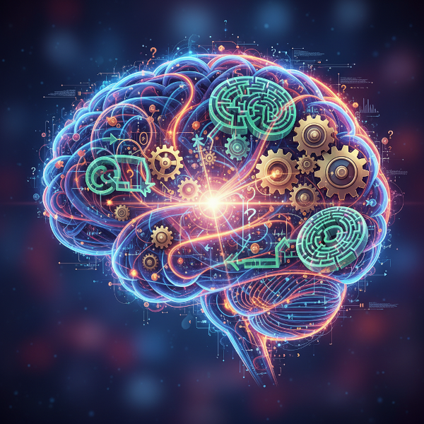 Un cerveau abstrait avec des circuits lumineux et des labyrinthes, représentant les mécanismes complexes de la pensée et des biais cognitifs.