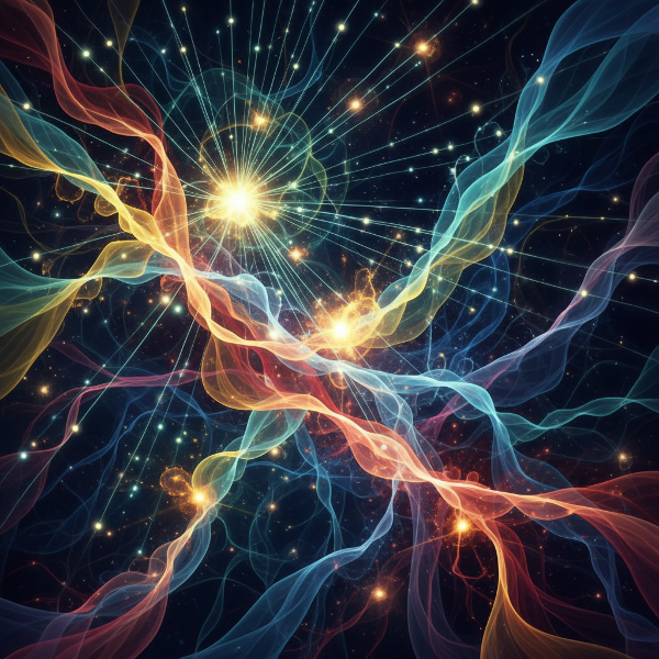 Une visualisation abstraite et organique de flux énergétiques colorés, symbolisant les différentes sources internes de vitalité et de ressourcement.