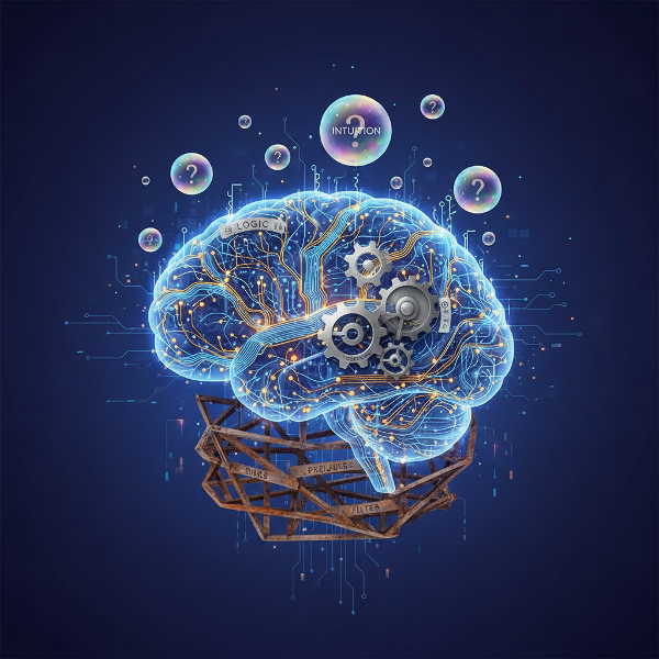 Illustration abstraite d'un esprit humain montrant les chemins de la pensée, mêlant logique, intuition et biais cognitifs dans un style infographique.