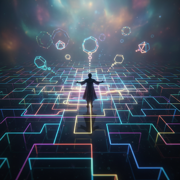 Illustration abstraite d'un individu dans un labyrinthe lumineux et coloré, représentant les chemins de la pensée et les mécanismes internes de navigation dans le monde.