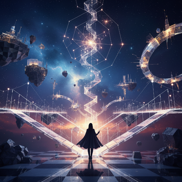 Illustration abstraite d'un esprit naviguant à travers des chemins qui se transforment et se reconstruisent, représentant la résilience cognitive face aux imprévus.