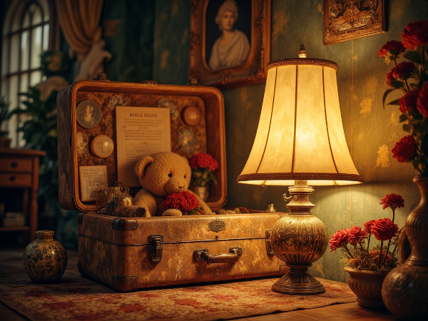 Illustration fantaisiste d'un grenier contenant trois objets mystérieux : une lampe à huile, une valise ouverte et un jouet cassé, baignés dans une lumière douce.