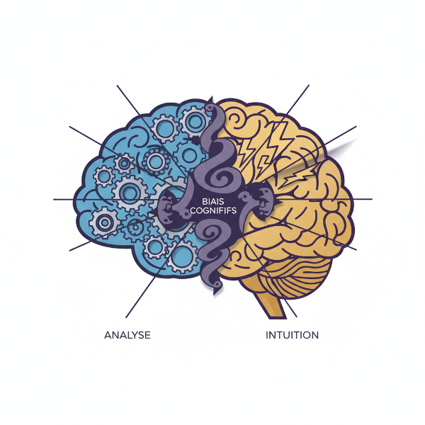 Illustration stylisée d'un cerveau divisé entre des engrenages analytiques et des éclairs intuitifs, avec des ombres représentant des biais cognitifs.