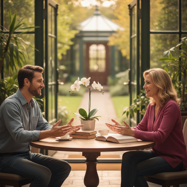 Une image représentant une discussion calme et constructive entre deux personnes, illustrant la gestion positive des conflits.
