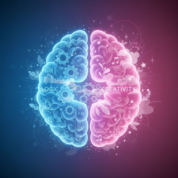 Un cerveau lumineux divisé entre logique et création, engrenages et nuages sur fond doux.