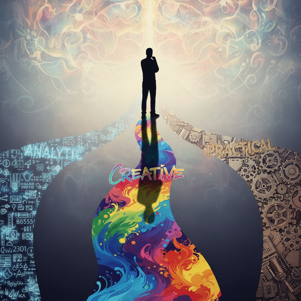 Illustration symbolique d'un test cognitif montrant trois chemins de pensée différents (analytique, créatif, pratique) sous forme de labyrinthe mental.