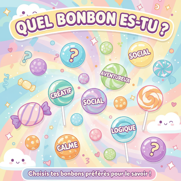 Une illustration colorée et appétissante de bonbons variés représentant les différentes saveurs du test de personnalité.