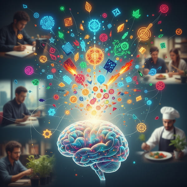 Illustration abstraite d'un cerveau créatif générant des idées novatrices sous forme de bulles colorées.