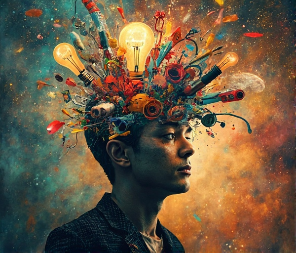 Une illustration abstraite représentant une tête rayonnante avec des ampoules multicolores et des formes organiques, évoquant l'abondance, la souplesse, la singularité et le raffinement créatifs.