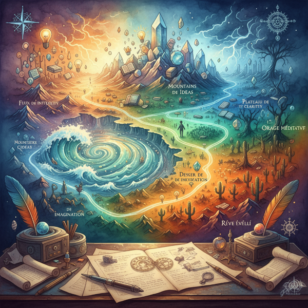 Une carte topographique métaphorique représentant les paysages et climats de l'esprit créatif, avec des chemins lumineux et des montagnes d'idées.