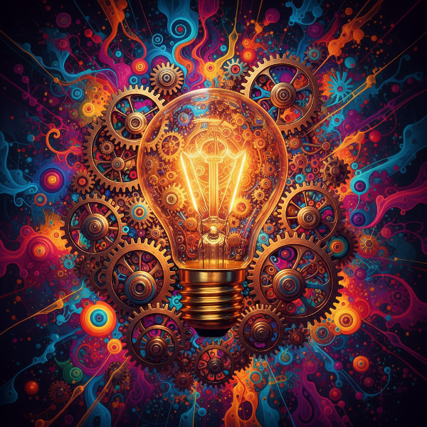 Ampoule avec engrenages et motifs colorés pour illustrer la créativité.