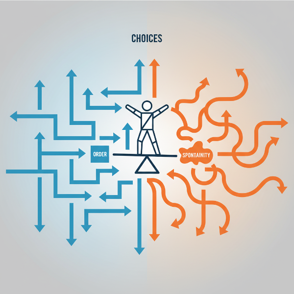 Une illustration abstraite représentant le processus de décision, avec des chemins qui se séparent et des symboles d'équilibre, dans un style graphique moderne.