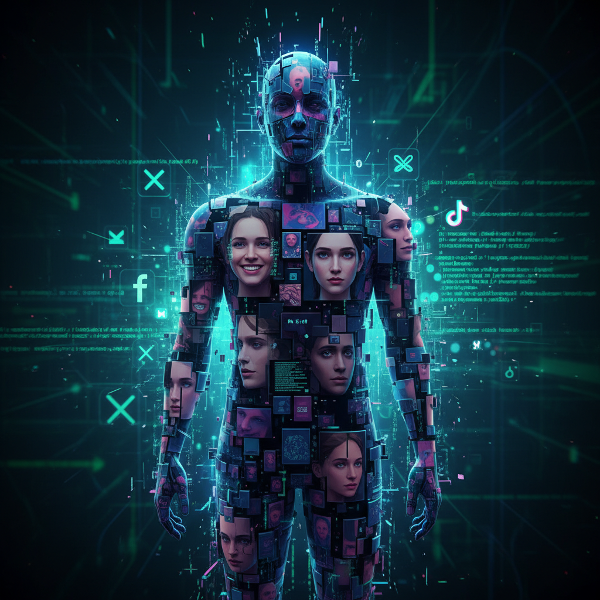 Une illustration abstraite représentant la fragmentation de l'identité numérique, où un personnage se dissout en pixels et reflets multiples sur un fond technologique.