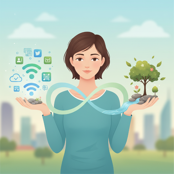 Une illustration symbolisant l'équilibre entre le monde numérique et le monde réel.