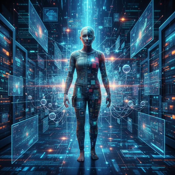 Une illustration abstraite montrant la fusion entre l'individu et l'environnement numérique, avec des éléments visuels représentant les algorithmes, la surcharge attentionnelle et les illusions de contrôle.