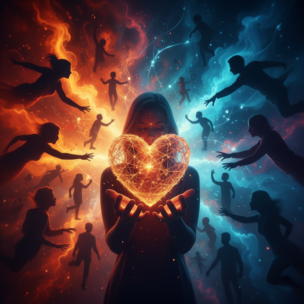 Illustration abstraite représentant la communication émotionnelle et les connexions relationnelles à travers des formes et des couleurs symboliques.