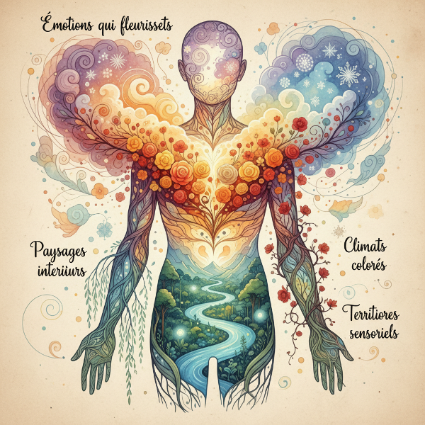 Une illustration abstraite représentant le corps humain comme un écosystème où les émotions se manifestent par des paysages colorés et des floraisons organiques.