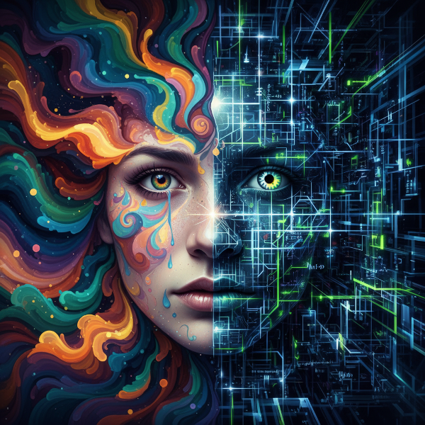 Une illustration abstraite montrant la dualité entre les émotions intuitives et la logique analytique, avec des courants et des motifs géométriques.