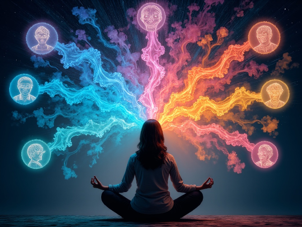 Une illustration abstraite et colorée d'une personne en pleine conscience, entourée d'auras émotionnelles et de symboles visuels représentant les quatre dimensions clés de l'intelligence émotionnelle.