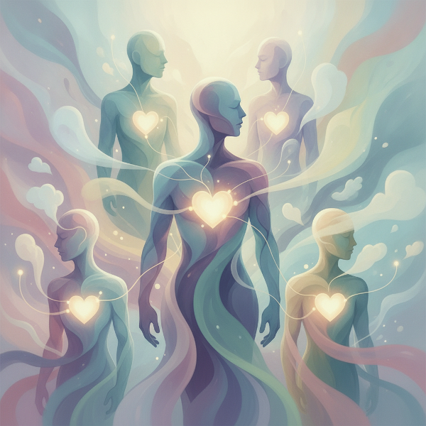 Formes humaines colorées et harmonieuses symbolisant la maîtrise des émotions et les relations équilibrées.