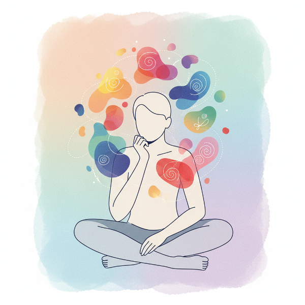 Illustration stylisée d'une personne entourée d'émotions colorées représentant l'intelligence émotionnelle