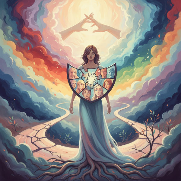 Une illustration symbolique montrant une personne face à un miroir brisé qui révèle différentes facettes émotionnelles, entourée d'une aura de couleurs abstraites représentant les émotions humaines.