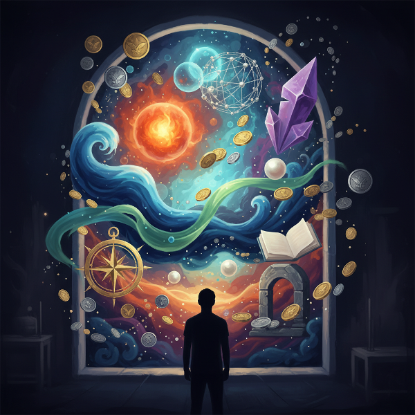 Une illustration métaphorique montrant un paysage intérieur où les émotions, les valeurs personnelles et les symboles financiers s'entremêlent de manière abstraite et onirique.