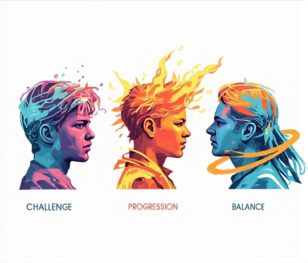 Image dynamique montrant trois silhouettes stylisées représentant le défi (flèche ascendante), la progression (escalier) et l'équilibre (balance), sur fond de dégradé énergique orange, bleu et vert.