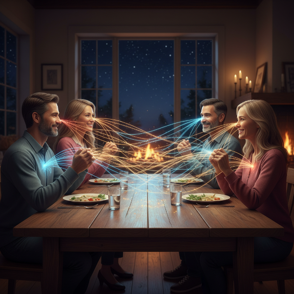 Une famille réunie autour d'une table avec des fils lumineux symbolisant la communication et les émotions.
