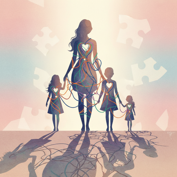 Illustration symbolique d'une famille avec des liens émotionnels visibles, représentant l'influence des relations parentales.